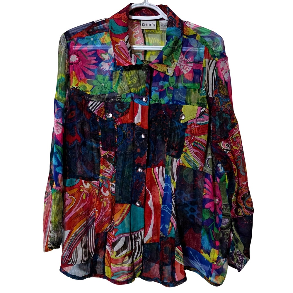 Chico's Women Size 2 Button Up Shirt Multi Color Silk Blend Patchwork Blouse